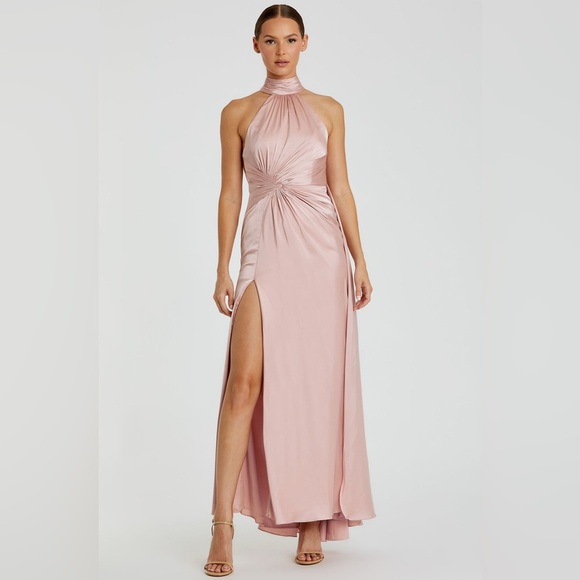 NWT Ieena for Mac Duggal Pink Open Back High Neck Side Ruched Gown Size 8 - Picture 1 of 15